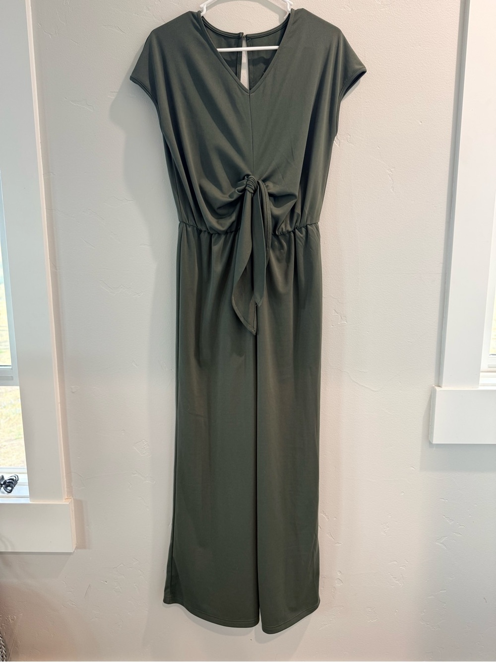 Olive Green Tie-Front Midi Dress - Women's